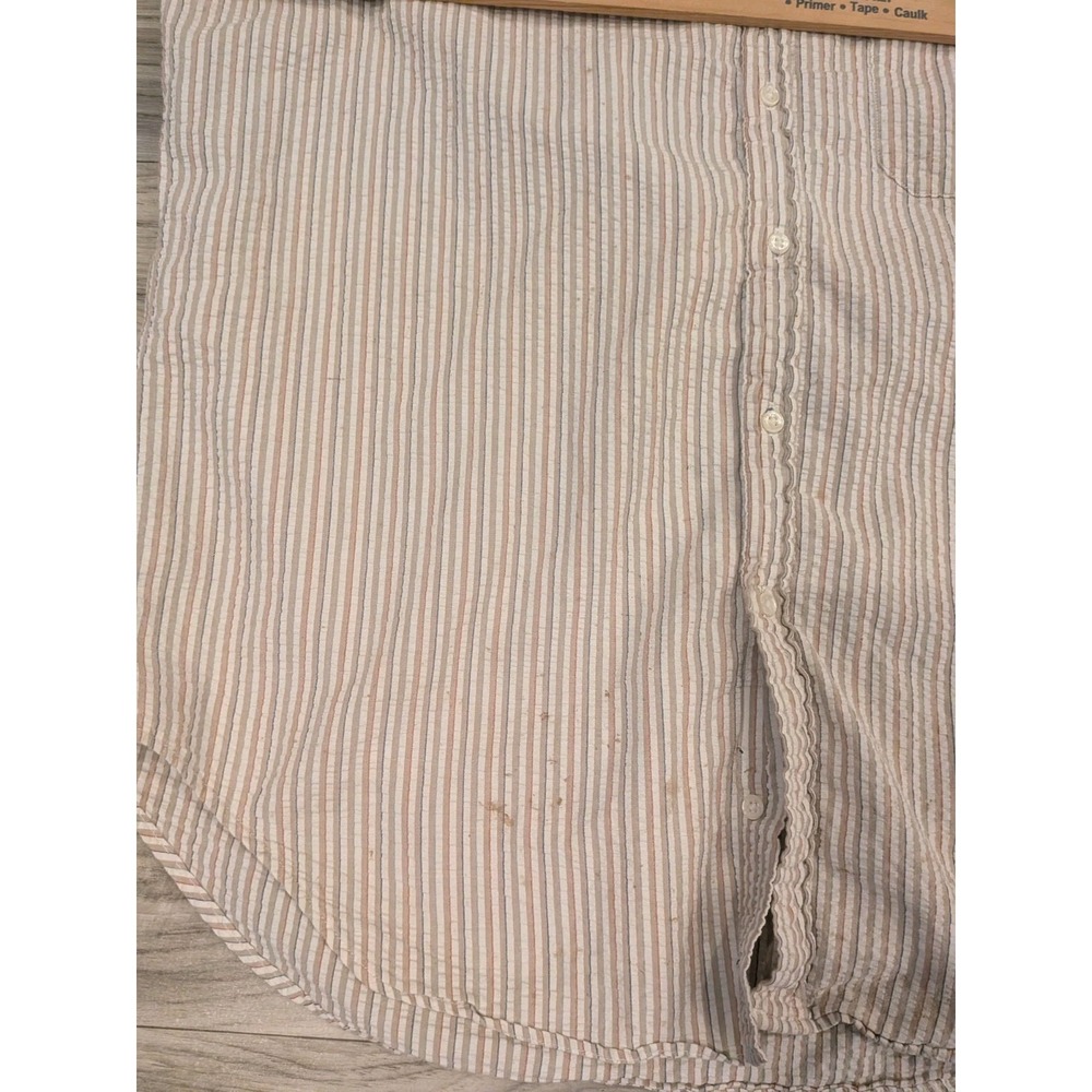 LL Bean Seersucker Shirt Mens L Tan Striped Short Sleeve Button Up Vintage USA - Picture 5 of 16